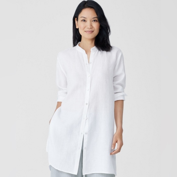 Eileen Fisher White Linen Tunic Shirt 3X Mandarin Collar Button Front Longline - Picture 1 of 9